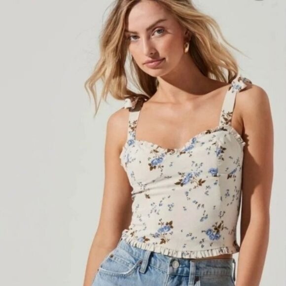 ASTR ivory floral print tie shoulder sleeveless crop top Large - Picture 1 of 12